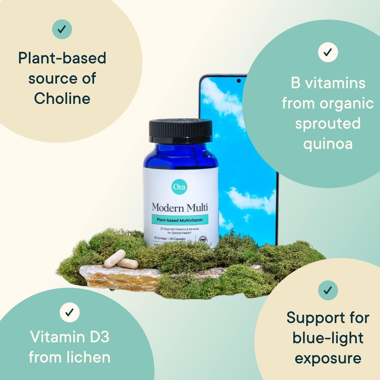 Ora Organic Plant Based Multivitamin for Women and Men, Bluelight Protection - Brain, Eye, Energy, Immune, Skin, Hair, Heart, and Bone Health Support, 60 Vegan Capsules - Image 4