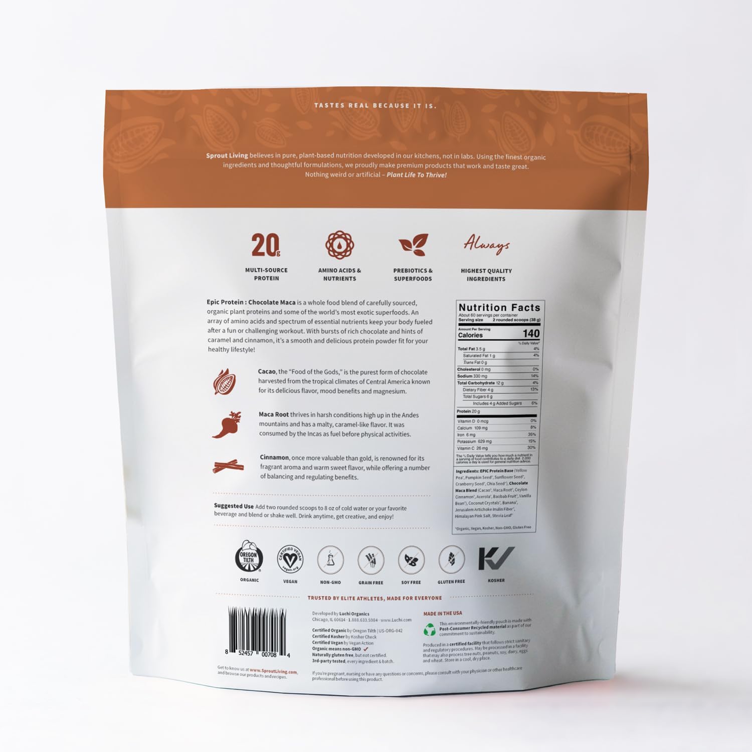 Sprout Living Epic Protein, Plant Based Protein & Superfoods Powder, Chocolate Maca Powder | 20 Grams Organic Protein Powder, Vegan, Non Dairy, Non-GMO, Gluten Free, Low Sugar (5 Pound, 60 Servings) - Image 2
