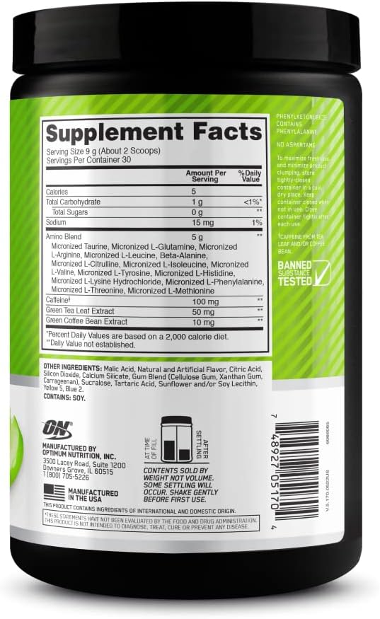 Optimum Nutrition Amino Energy - Pre Workout with Green Tea, BCAA, Amino Acids, Keto Friendly, Green Coffee Extract, Energy Powder - Green Apple, 30 Servings (Packaging May Vary) - Image 7