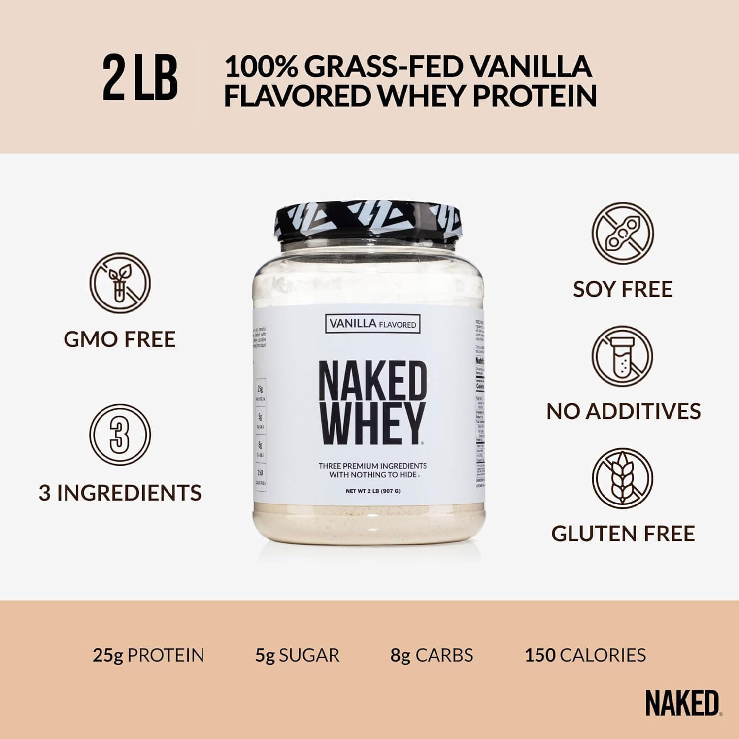 NAKED Whey Vanilla Protein Powder - Only 3 Ingredients - Grass Fed Whey Protein Powder, Vanilla Flavor, and Organic Coconut Sugar, NSF Certified, No GMO, No Soy, and Gluten Free - 24 Servings - Image 3