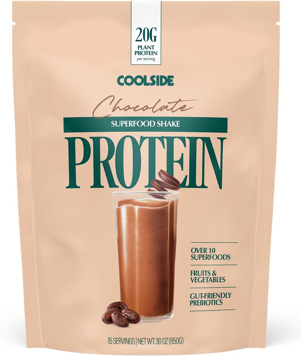 Coolside Vegan Protein Powder, Prebiotic Fiber & Superfoods | Chocolate | 20g Plant Based Protein Powder for Women & Men | Non Whey | Dairy Free | No Artificial Sweeteners | Gluten Free | 15 Serv