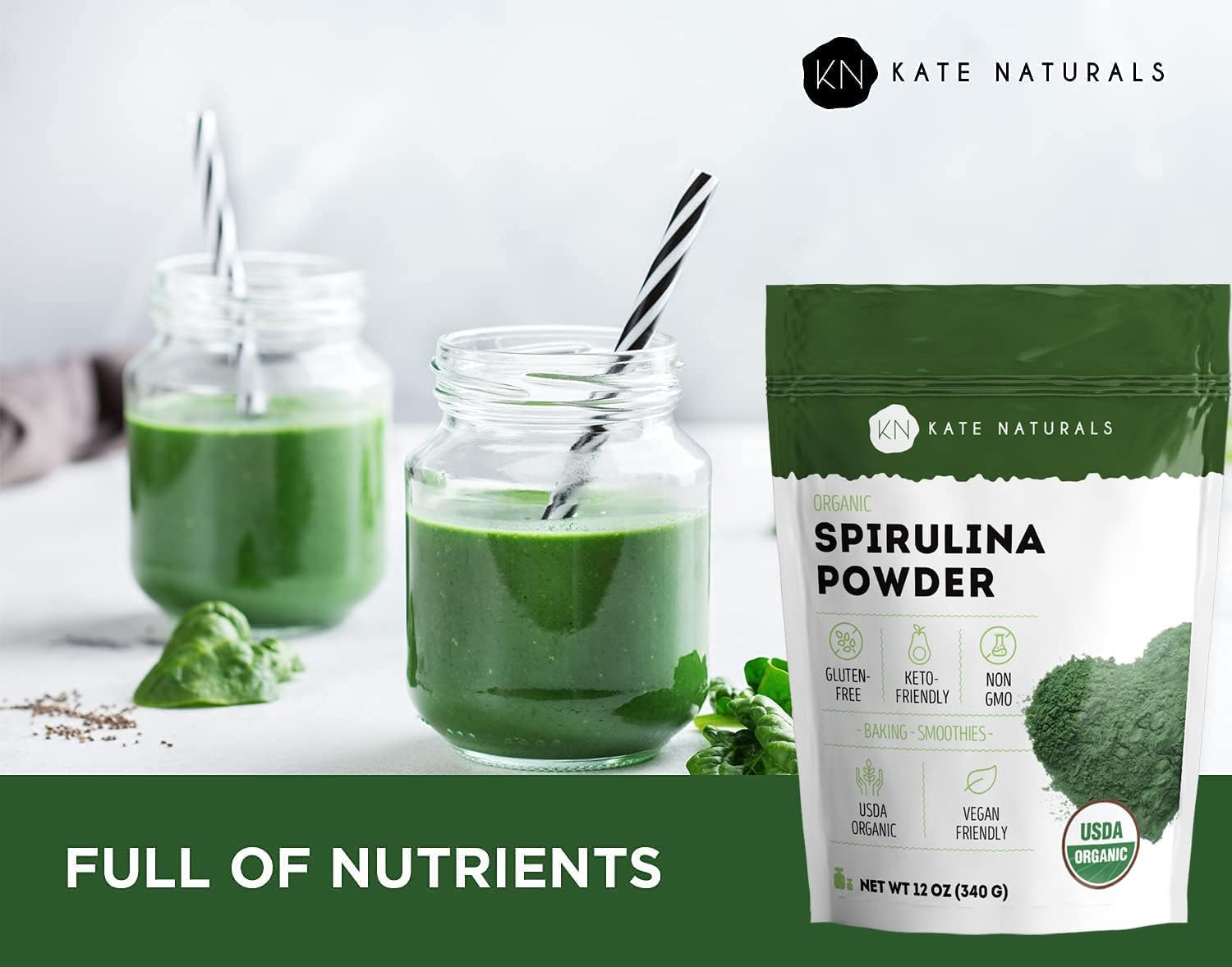 Kate Naturals Organic Spirulina Powder. Nutrient Dense Superfood Supplement (12 oz, USDA Certified, Non-GMO, Gluten- Free) - Image 4