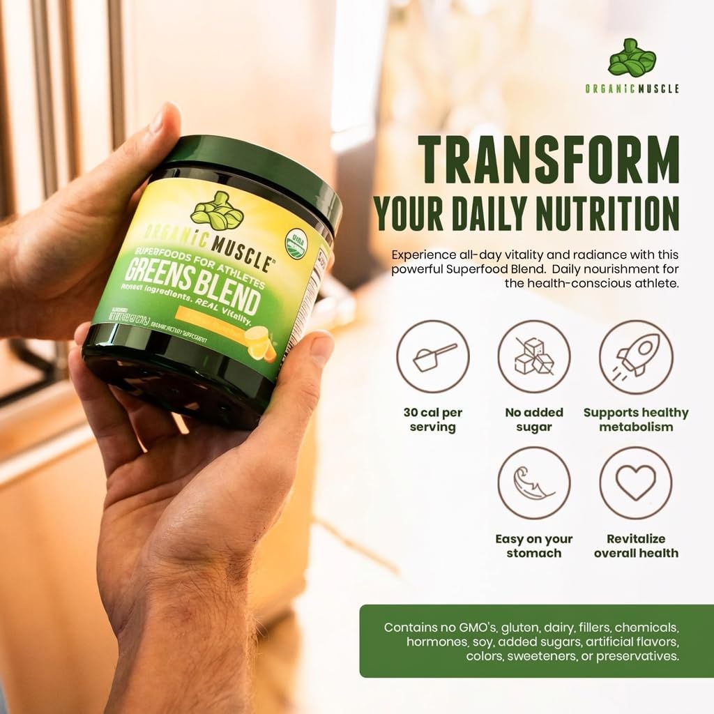 Organic Muscle Super Greens Powder superfood Supplement | USDA Certified Organic with Spirulina, Chlorella, Matcha, Probiotics | Plant Based, Vegan, Keto, Non-GMO | Lemon Flavor, 30 Servings - Image 2