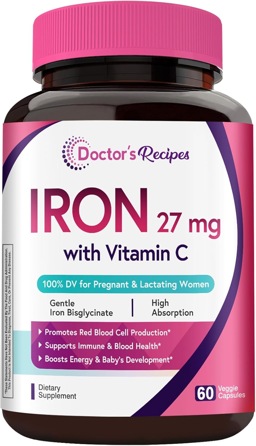 Doctor's Recipes Iron Supplement for Pregnant Women, Chelated Iron Bisglycinate, with Vitamin C for High Absorption, Gentle, Red Blood Cell Production Support, 60 Vegan Caps