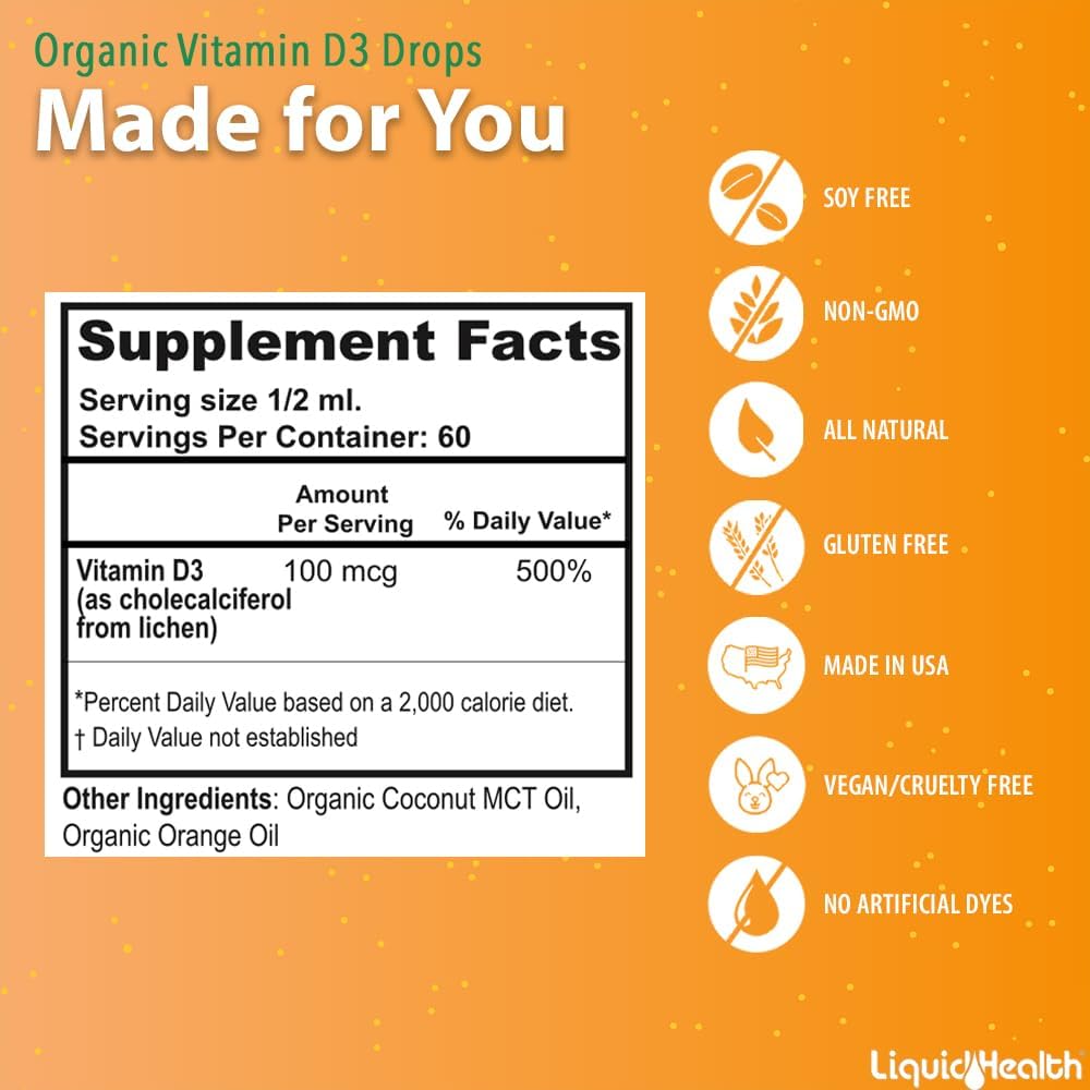 LIQUIDHEALTH Vitamin D3 4000 IU, USDA Organic Vitamin D Liquid Drops for Adults & Kids, Vegan Vitamin D for Immune System Support, Bone Health, Mood Support, Healthy Skin - Made in USA (2 oz) - Image 5