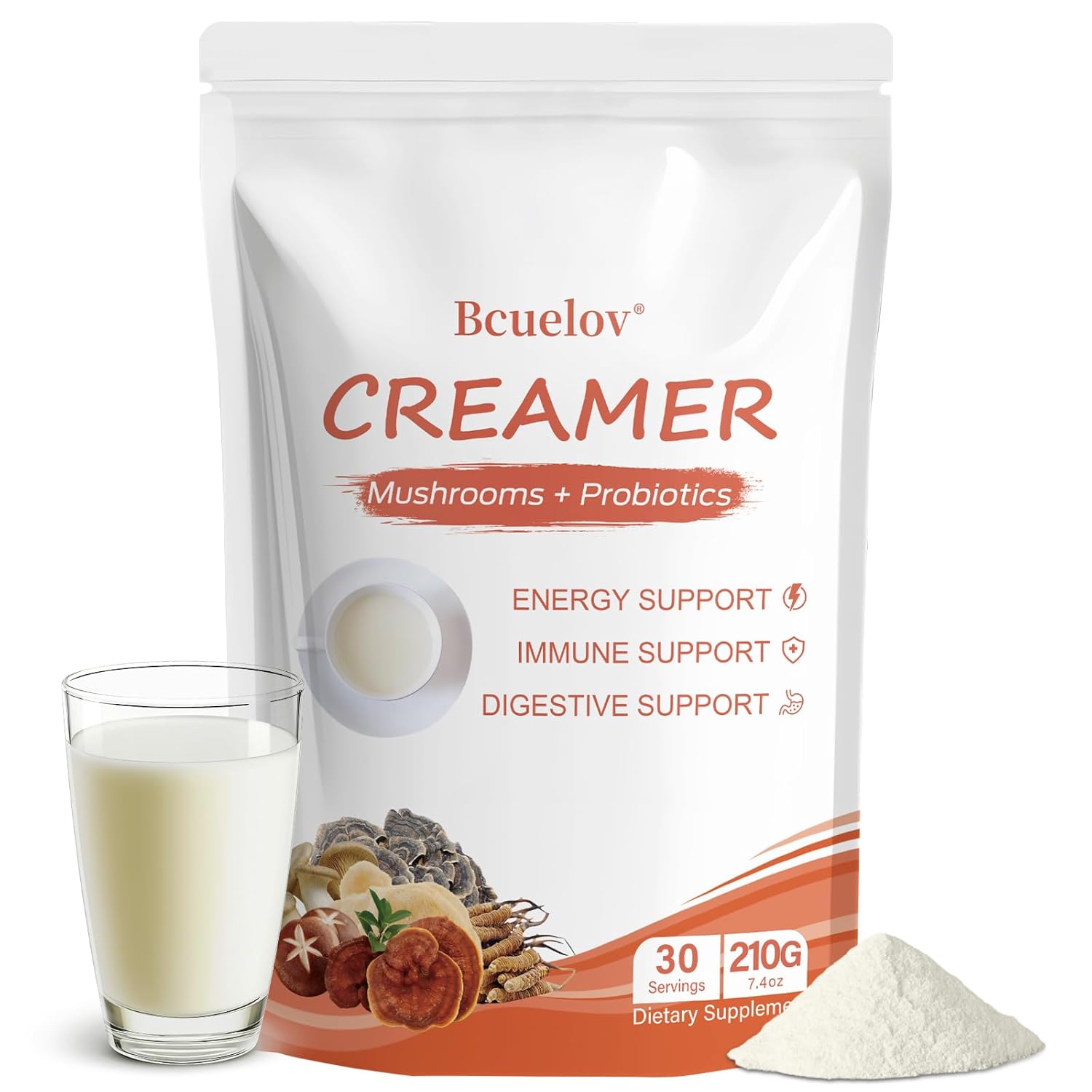 Mushroom Coffee Creamer,Superfood Creamer Powder with 6 Adaptogenic Mushrooms & Probiotics for Energy, Focus, Digestion - 30 Servings