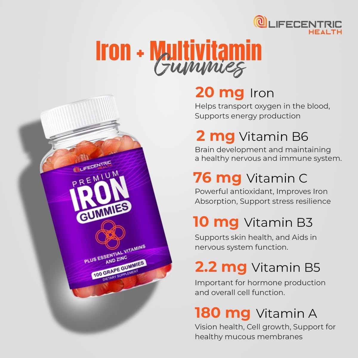 LifeCentricHealth Iron Gummies | Biotin Zinc Vitamin B Folic Acid Gummies | Vegan Gluten Free for Women & Men - Image 7