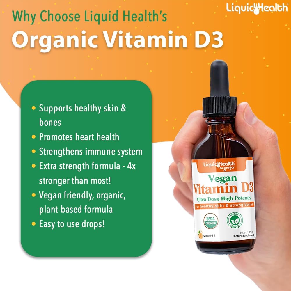 LIQUIDHEALTH Vitamin D3 4000 IU, USDA Organic Vitamin D Liquid Drops for Adults & Kids, Vegan Vitamin D for Immune System Support, Bone Health, Mood Support, Healthy Skin - Made in USA (2 oz) - Image 3