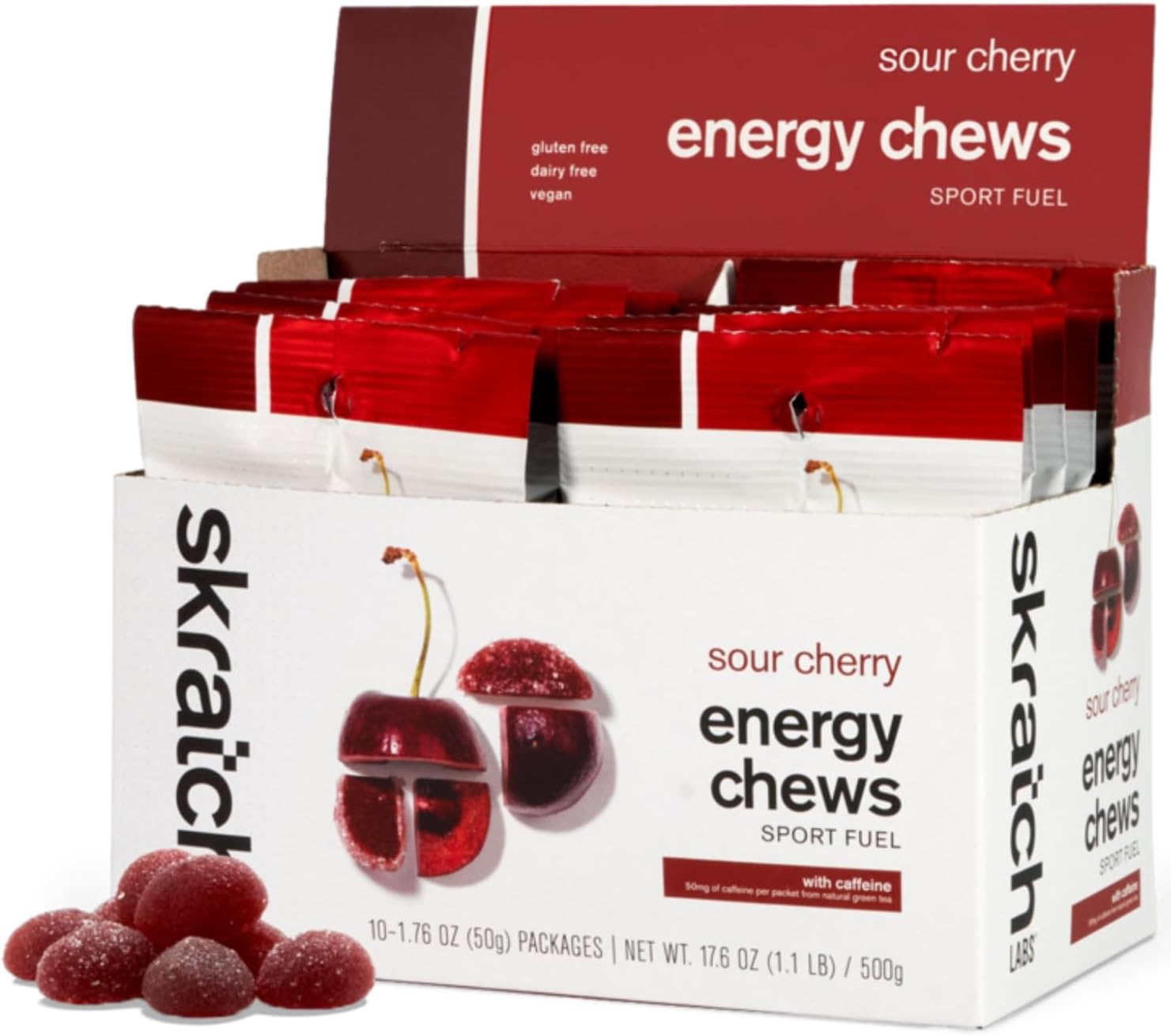 Skratch Labs Energy Chews with 50mg Caffeine | Caffeinated Gummies for Running, Cycling & Endurance Quick Carbs, Easy to Digest | Sour Cherry 10 Pack | Gluten Free, Vegan