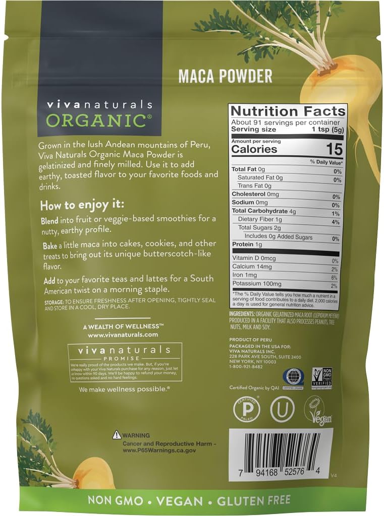 Viva Naturals Organic Maca Powder, Gelatinized, 16 oz (1 lb) – Vegan, USDA Organic, Gluten-Free, Non-GMO Peruvian Superfood in Resealable Bag - Image 7