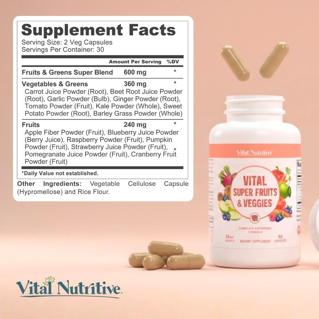 Vital Super Fruits & Veggies - Daily Superfood Capsules for Adults - Fruit and Veggies Supplement to Boost Immunity & Energy - 2-in-1 Formula for Overall Wellness - Fruit and Vegetable Capsules - Image 8