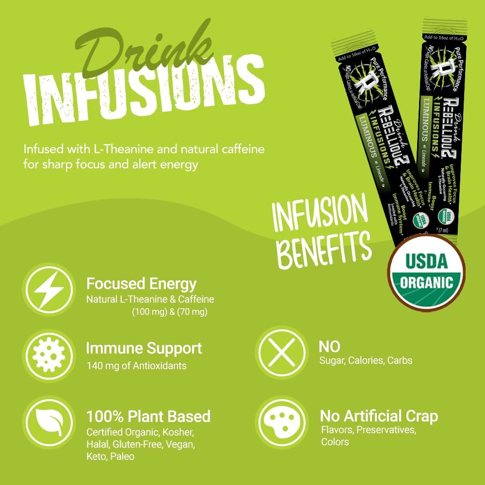 Rebellious Luminous Limeade Organic Drink Mix – Zero Calorie Energy Drink Mix | Monk Fruit & Green Tea Extract | L-Theanine + Natural Caffeine | 100% Plant-Based | Pack of 10 | Keto,Gluten-Free - Image 2