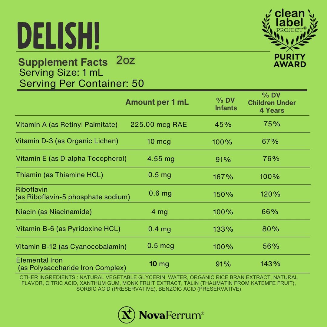 NovaFerrum Delish | Vegan Multivitamin with Iron for Infants, Toddlers & Kids | Immune Support | Organic Plant-Based D-3 | Gluten Free | Vegan Verified | Sugar Free | 1.69 Fl Oz (50 mL) - Image 3