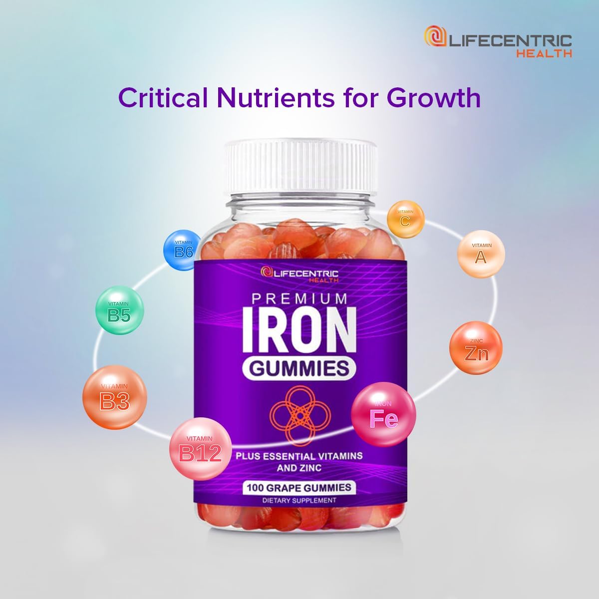 LifeCentricHealth Iron Gummies | Biotin Zinc Vitamin B Folic Acid Gummies | Vegan Gluten Free for Women & Men - Image 5