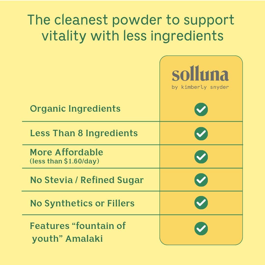 Solluna by Kimberly Snyder Greens Superfood Powder with Spirulina, Cordyceps, Chlorella, Moringa, Ashitaba, Amalaki, Monk Fruit — Vitamins & Minerals for Energy & Mood (30 Serv) Vegan & Non-GMO - Image 3
