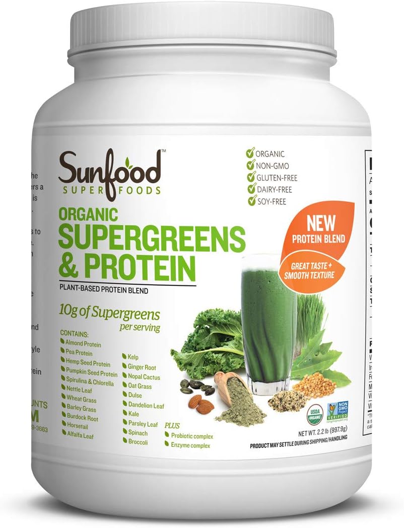 Sunfood Organic Supergreens & Protein - Greens Superfood Powder, Plant Based Vegan Protein, 23g Per Serving, Super Greens for Gut Health with Chlorella and Spirulina - 2.2 lb Bulk Tub