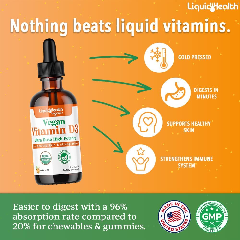 LIQUIDHEALTH Vitamin D3 4000 IU, USDA Organic Vitamin D Liquid Drops for Adults & Kids, Vegan Vitamin D for Immune System Support, Bone Health, Mood Support, Healthy Skin - Made in USA (2 oz) - Image 2