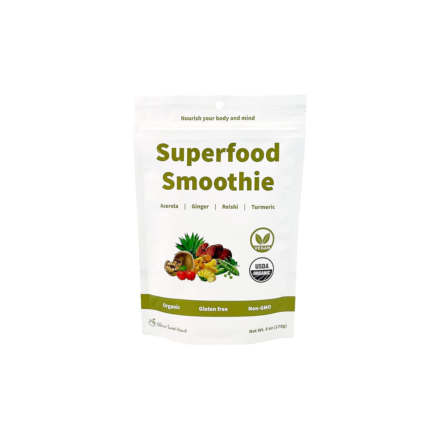 Cherie Sweet Heart Organic Superfood Smoothie Mix, With Turmeric, Reishi, Pea and Hemp Protein, Acerola and Ginger Powder, Vegan, Non-GMO, Gluten Free, Resealable Bag (6 Ounce (Pack of 1))