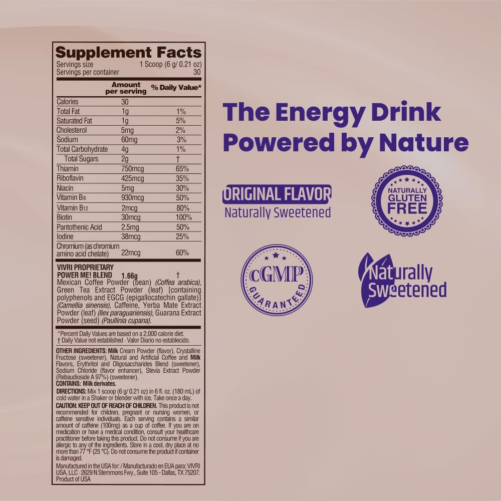 VIVRI PowerMe! Energy Boost Formula | Caffe Latte Flavor | Coffee Alternative | Made with Natural Green Tea, Guarana, Yerba Mate & B Complex | 30 Servings - Image 5