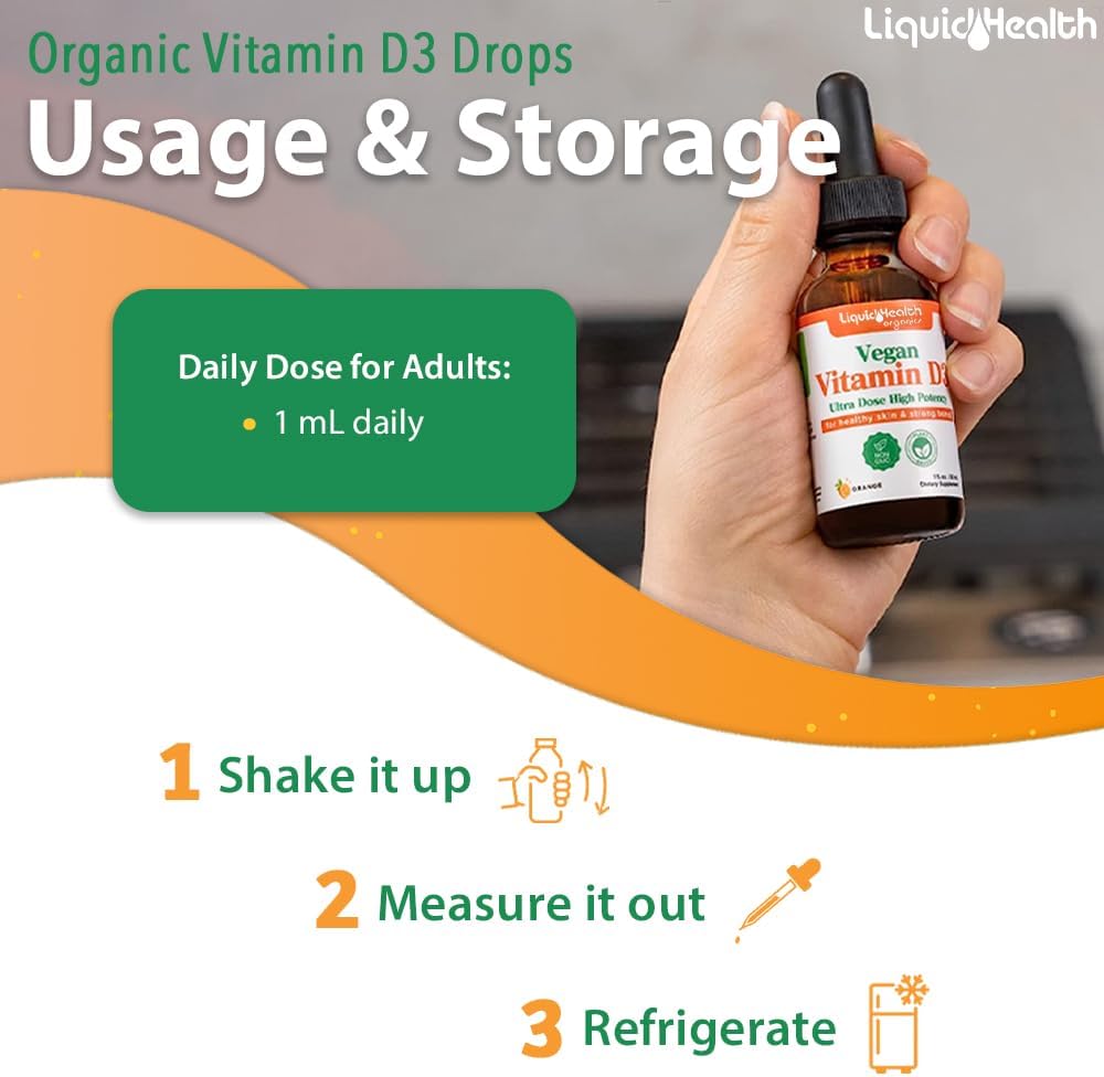 LIQUIDHEALTH Vitamin D3 4000 IU, USDA Organic Vitamin D Liquid Drops for Adults & Kids, Vegan Vitamin D for Immune System Support, Bone Health, Mood Support, Healthy Skin - Made in USA (2 oz) - Image 4
