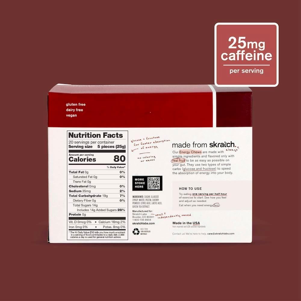Skratch Labs Energy Chews with 50mg Caffeine | Caffeinated Gummies for Running, Cycling & Endurance Quick Carbs, Easy to Digest | Sour Cherry 10 Pack | Gluten Free, Vegan - Image 3