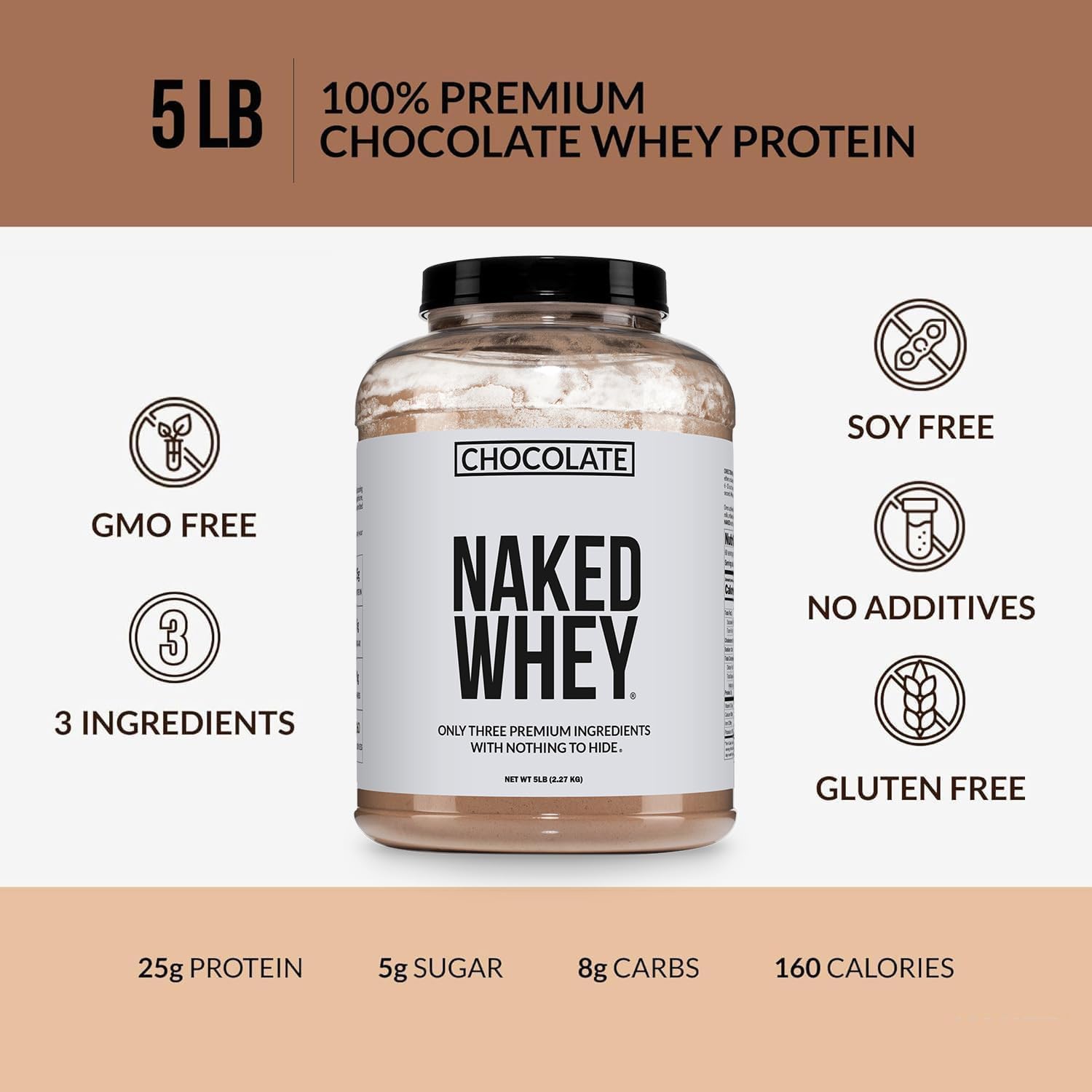 NAKED Whey Protein Supplement Powder, Chocolate, NSF Certified, GMO Free, Soy Free, Gluten Free Aid Muscle Growth and Recovery 60 Servings, 5 Ib - Image 3