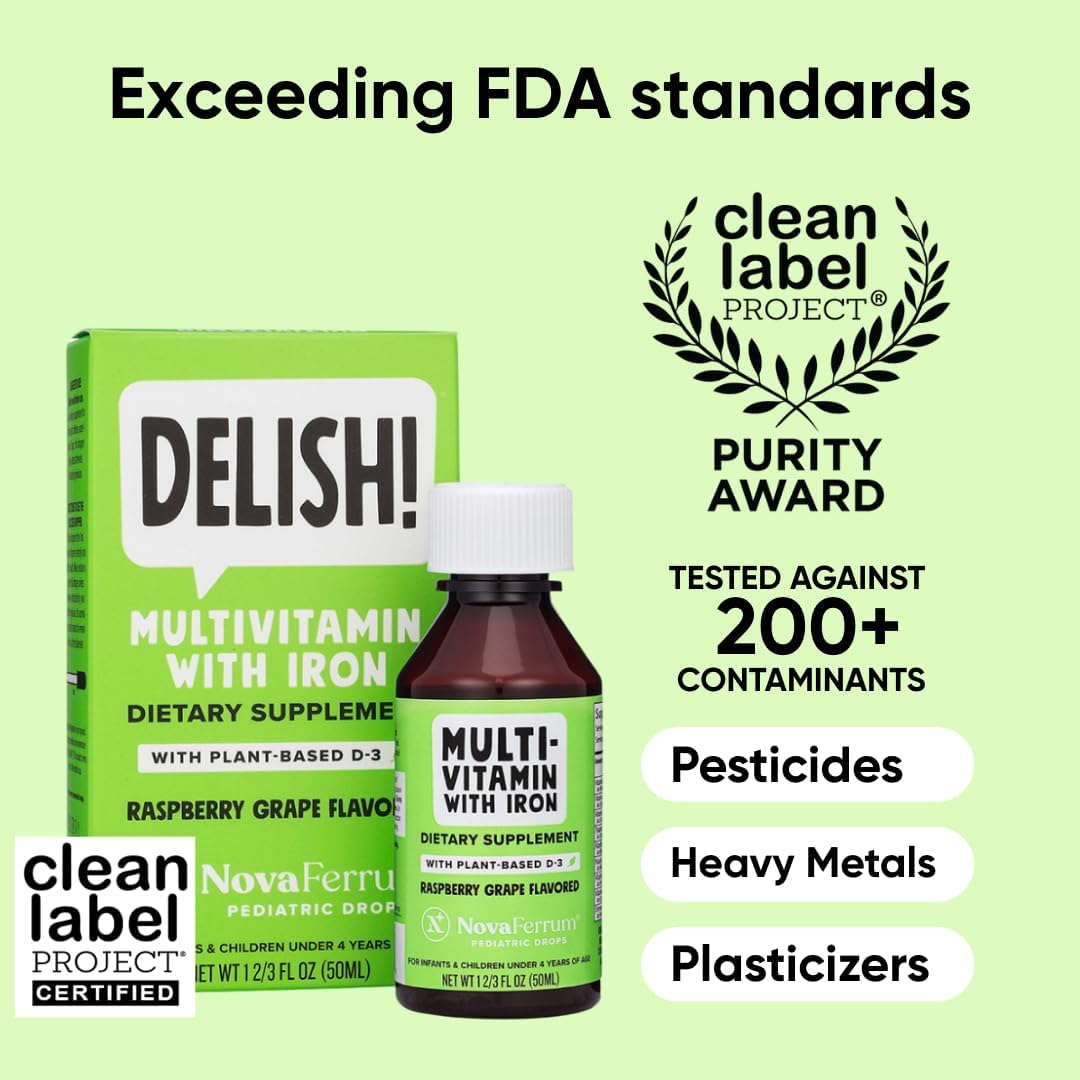 NovaFerrum Delish | Vegan Multivitamin with Iron for Infants, Toddlers & Kids | Immune Support | Organic Plant-Based D-3 | Gluten Free | Vegan Verified | Sugar Free | 1.69 Fl Oz (50 mL) - Image 2