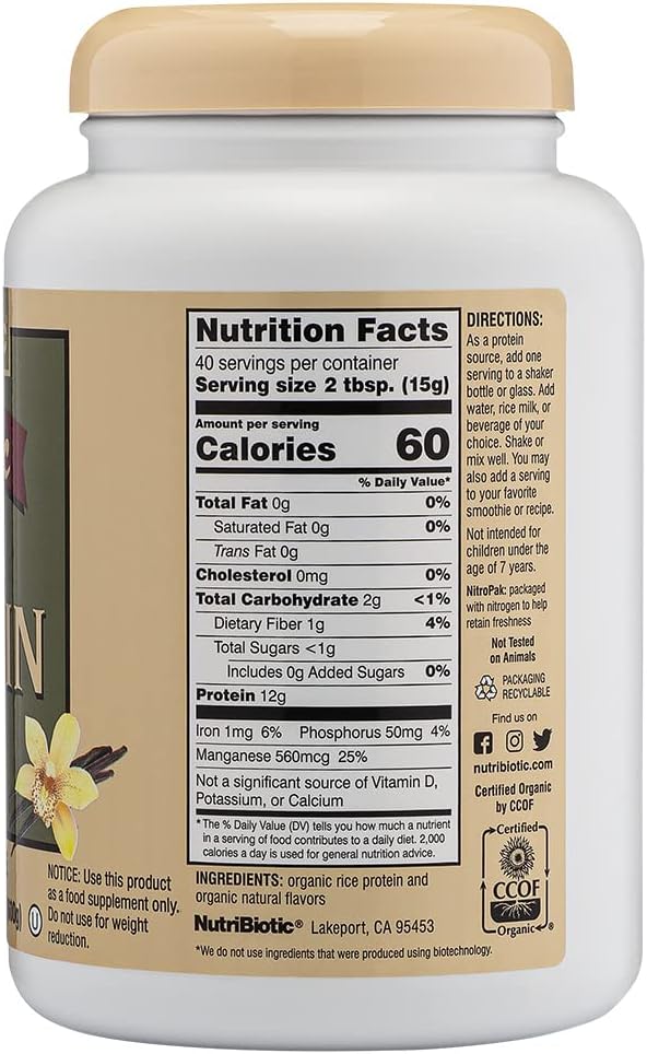 NutriBiotic Certified Organic Rice Protein Vanilla, 1 Lb. 5 Oz | Low Carbohydrate Vegan Protein Powder | Raw, Certified Kosher & Keto Friendly | Made Without Chemicals, GMOs & Gluten | Easy to Digest - Image 3