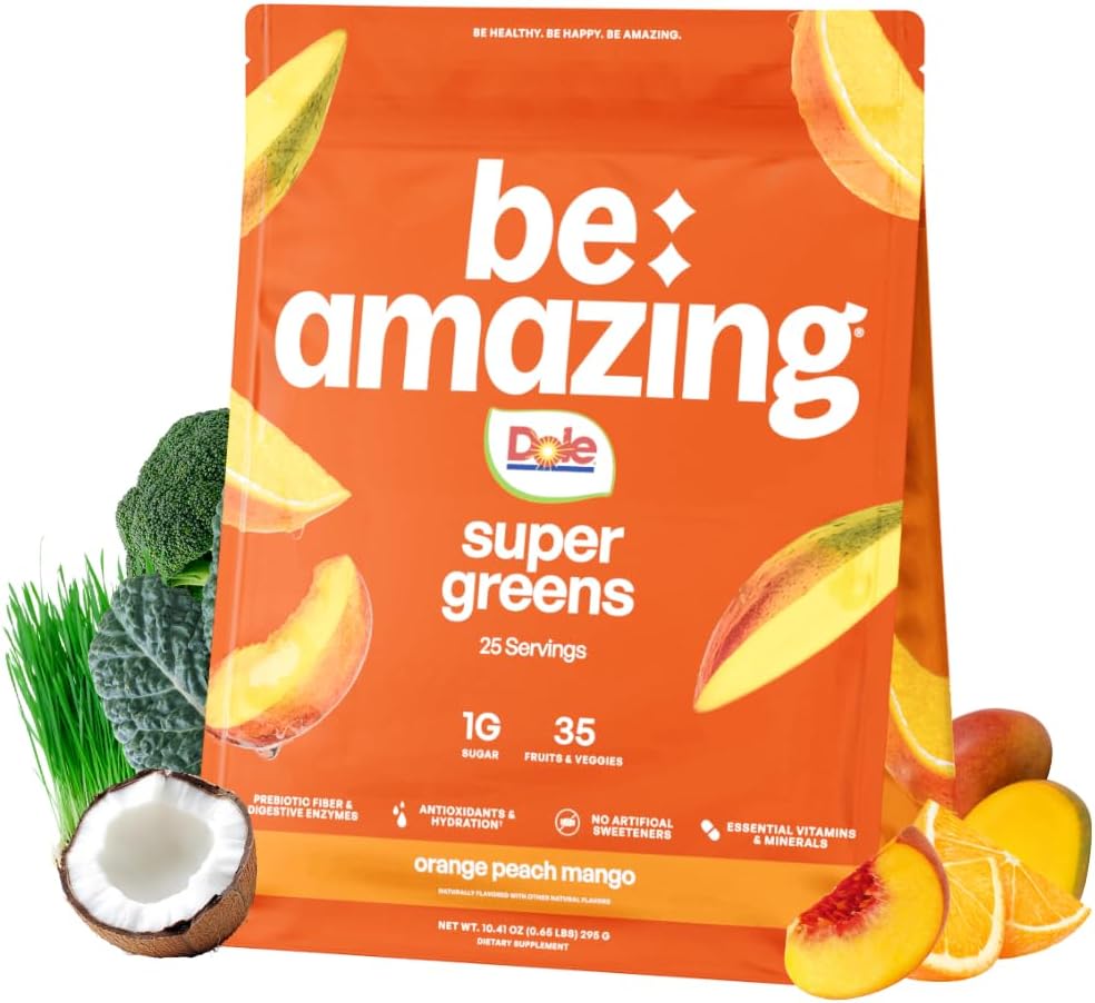 BE AMAZING Super Greens Powder with Prebiotics, Digestive Enzymes & Antioxidants, 35 Fruits & Veggies, Electrolytes & Fiber, Vegan, Gluten Free Juice & Smoothie Mix, Dole Orange Peach Mango, 25 Serv