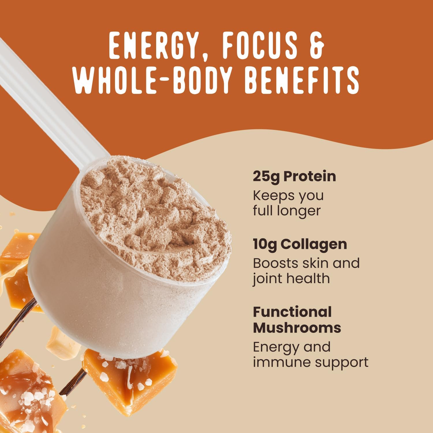 FlavCity All in One Protein Shake Powder, Salted Caramel - On the Go Meal Alternative + Collagen Peptides, Reishi & Cordyceps - Focus, Skin, Hair & Joint Support - 100% Grass Fed Whey, 20 Servings - Image 4