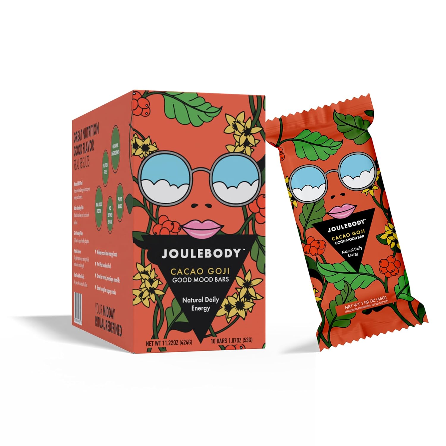 JOULEBODY Cacao Goji Superfood Bars - Best Meal Replacement Bars Protein, Plant Based, Gluten Free, Organic Good Mood Bars, No Refined Sugar, Perfect for Sports Nutrition - 10 Count