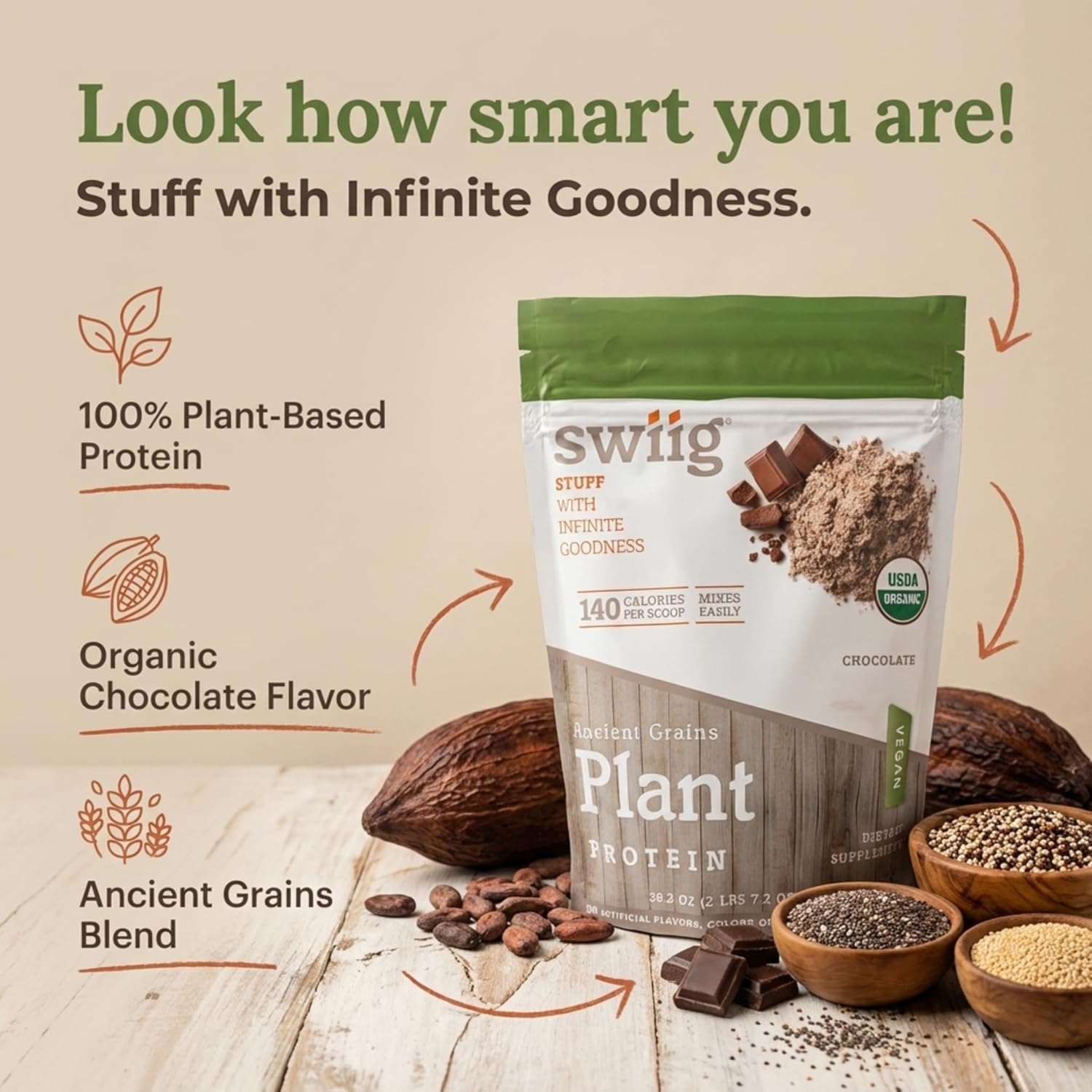 swiig Organic Plant Protein Powder – Vegan Plant Based Protein, Ancient Grains Protein Blend, 20g Protein, Gluten-Free, Dairy-Free, Non-GMO, Easy to Digest, Rich Chocolate, 2.7 lb - Image 2