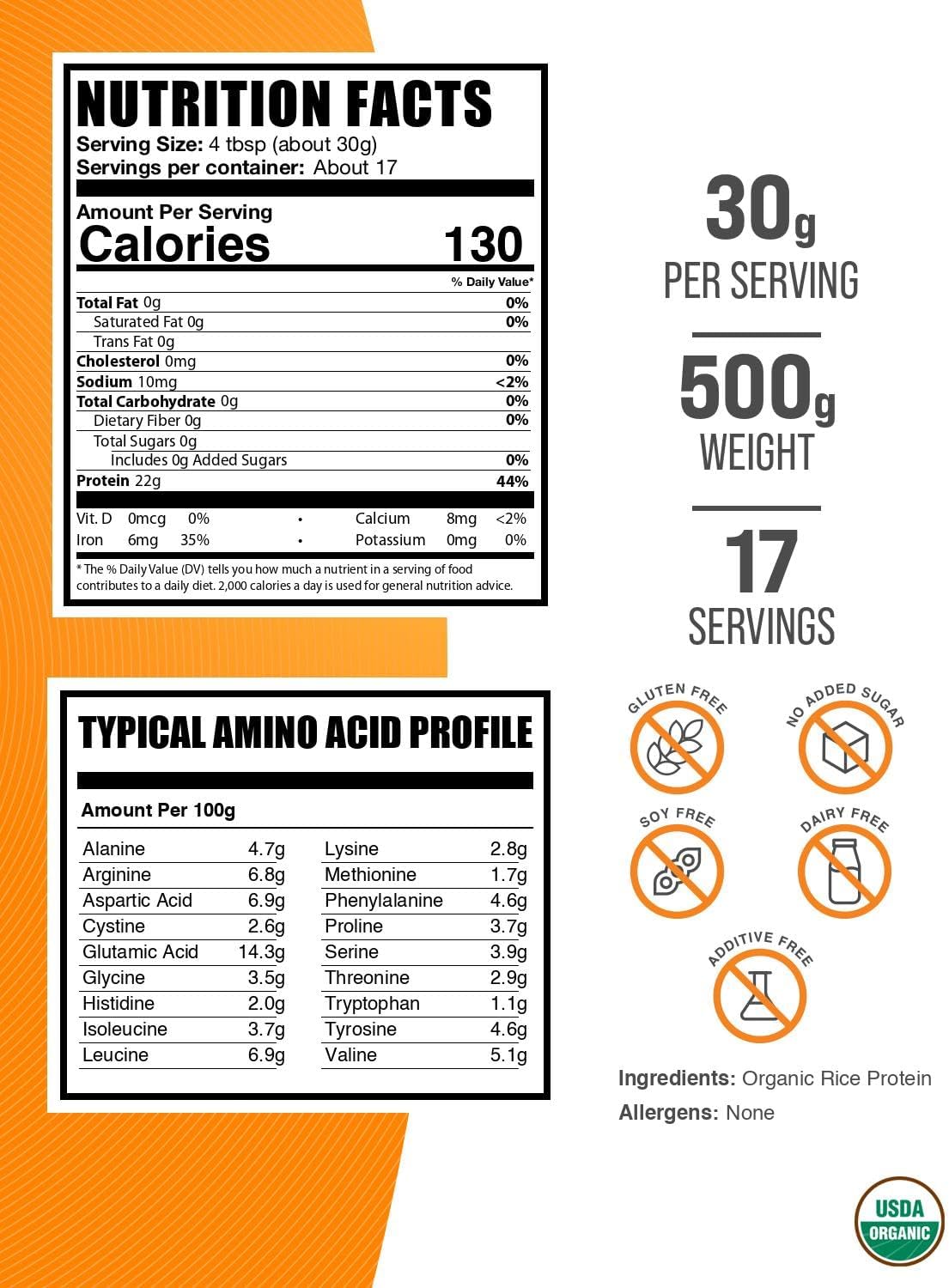BulkSupplements.com Organic Rice Protein Powder - Vegan Plant Protein, Unflavored - Vegan & Gluten Free, 30g per Serving, 500g (1.1 lbs) (Pack of 1) - Image 2
