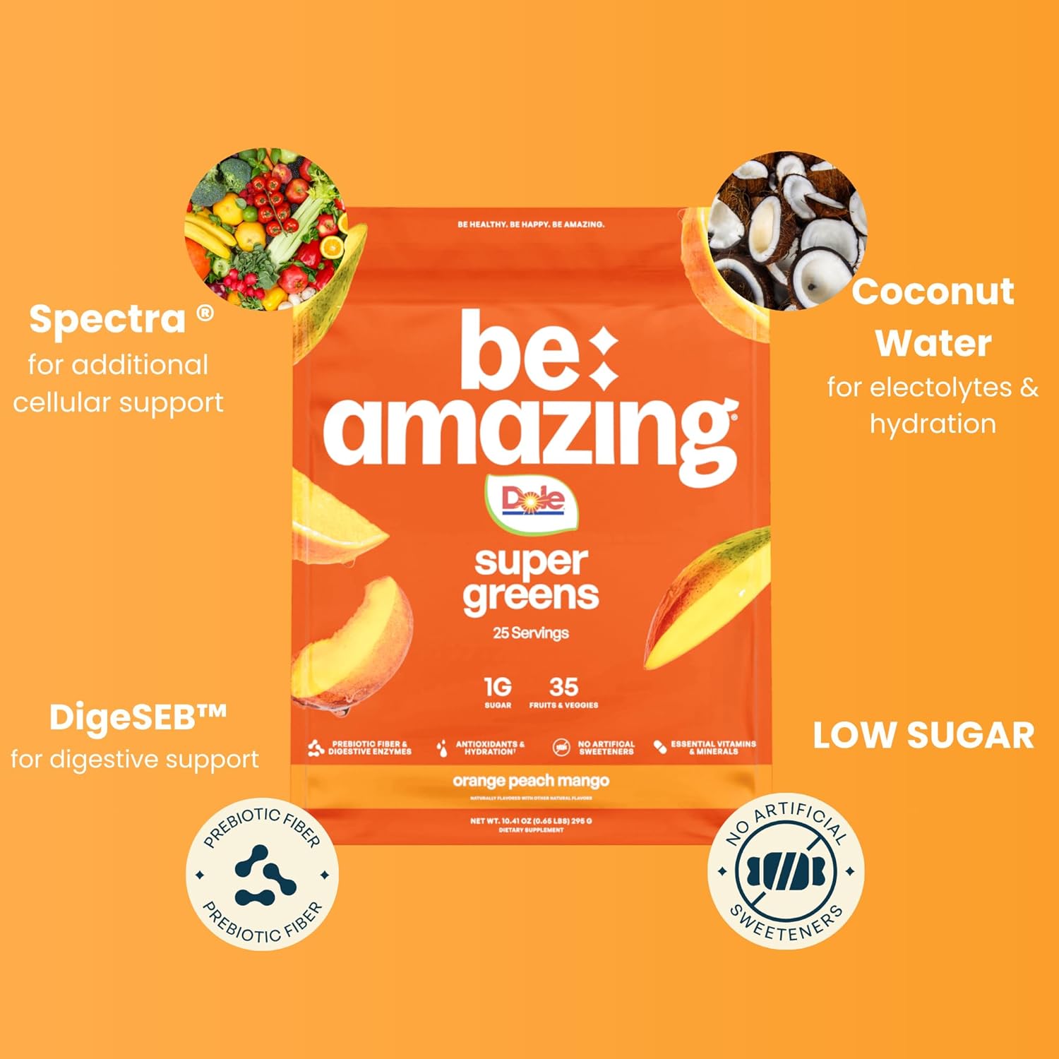 BE AMAZING Super Greens Powder with Prebiotics, Digestive Enzymes & Antioxidants, 35 Fruits & Veggies, Electrolytes & Fiber, Vegan, Gluten Free Juice & Smoothie Mix, Dole Orange Peach Mango, 25 Serv - Image 3