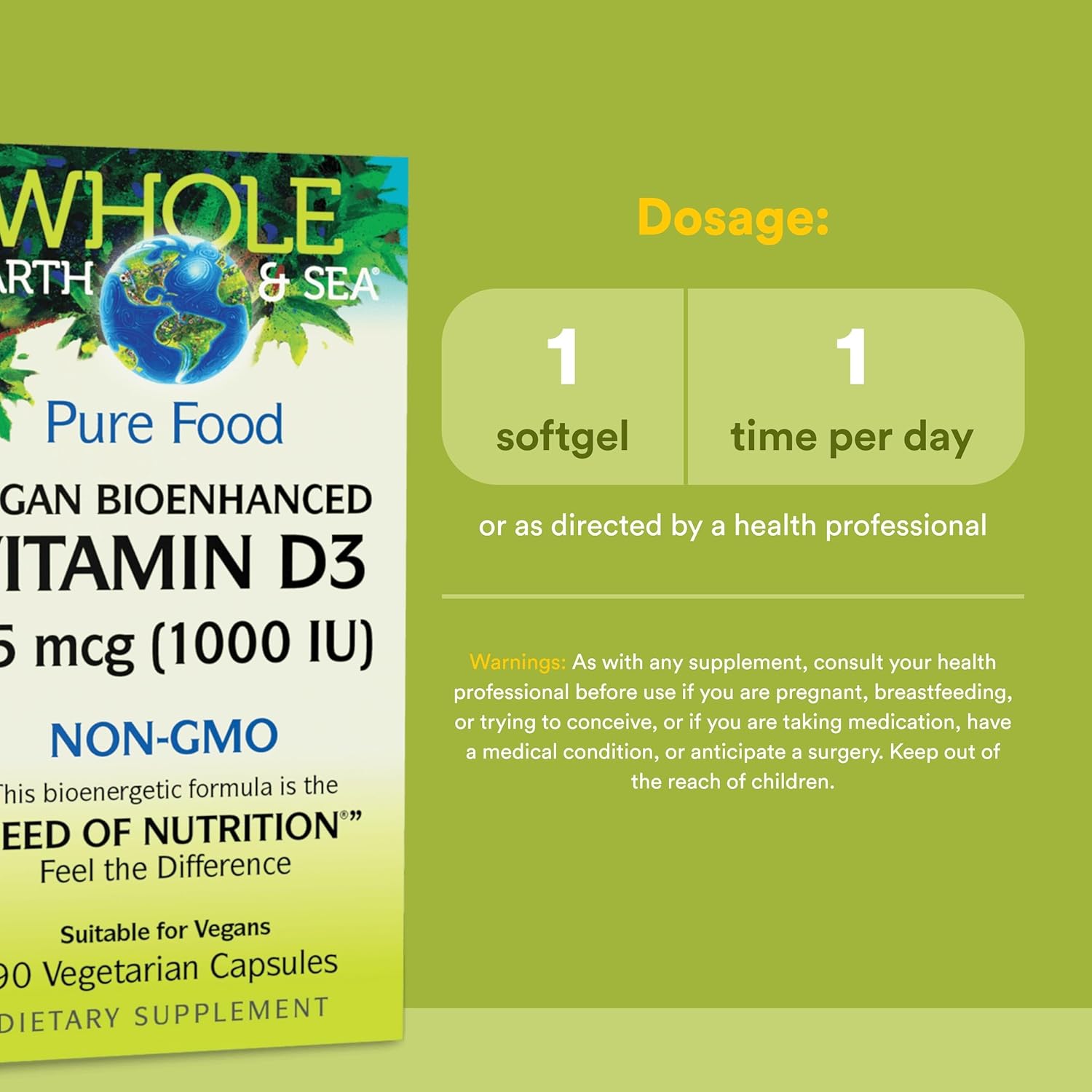 Natural Factors Whole Earth & Sea Vitamin D3 - Dietary Supplement Supports Strong Bones & Joints - Aids Calcium Absorption - Vegan & Non-GMO - 90 Vegetarian Capsules (90 Servings) - Image 3