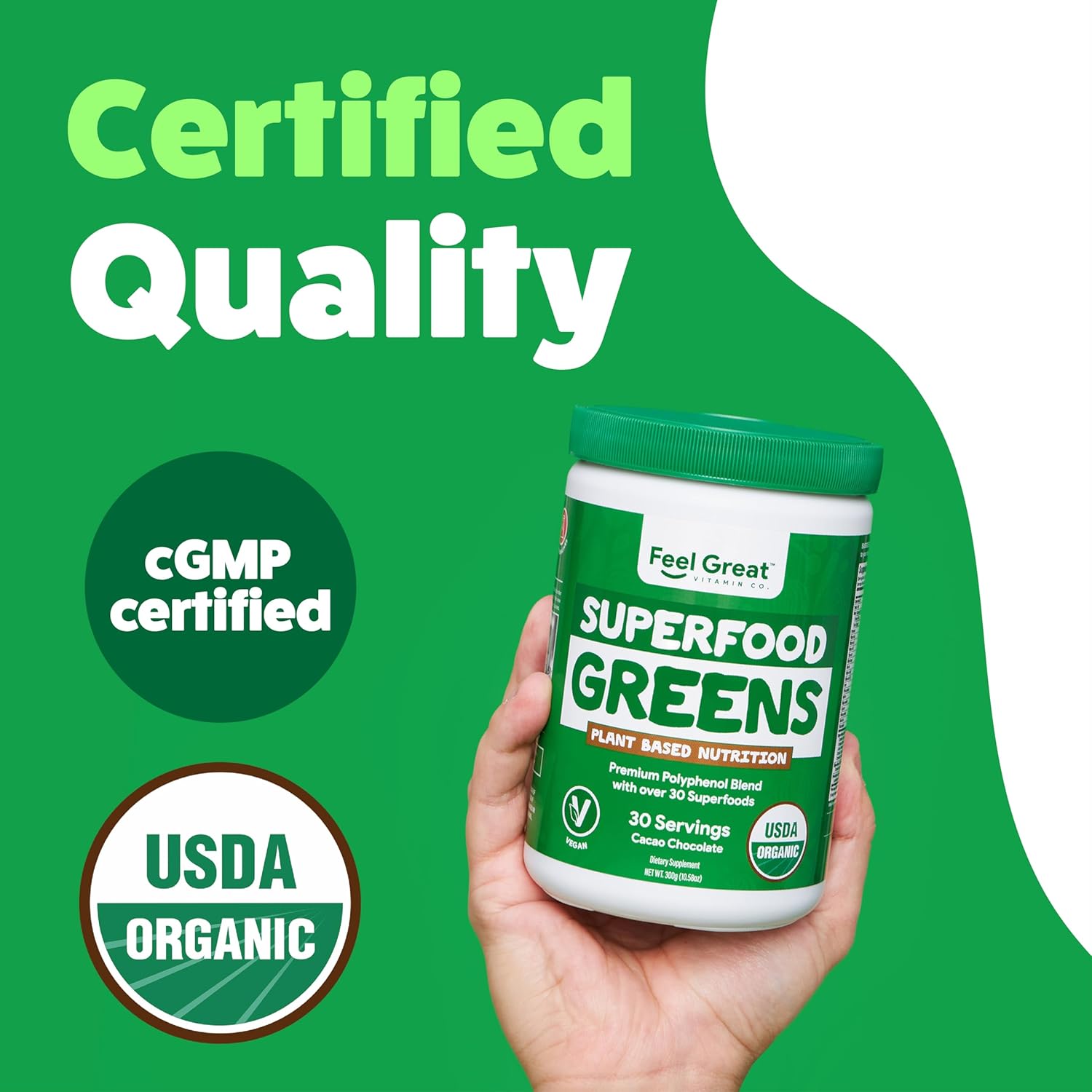 Feel Great Organic Superfood Greens Powder - Cocoa Chocolate | Fruit & Vegetable Supplement | Over 20 Greens, Fruits & Veggies, Fiber, Probiotics & Digestive Enzymes | 30 Servings - Image 7