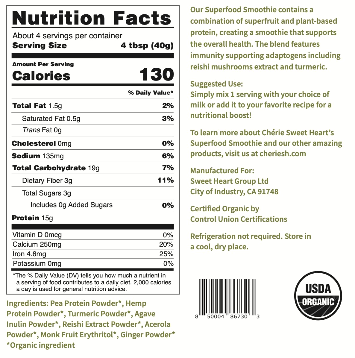 Cherie Sweet Heart Organic Superfood Smoothie Mix, With Turmeric, Reishi, Pea and Hemp Protein, Acerola and Ginger Powder, Vegan, Non-GMO, Gluten Free, Resealable Bag (6 Ounce (Pack of 1)) - Image 2
