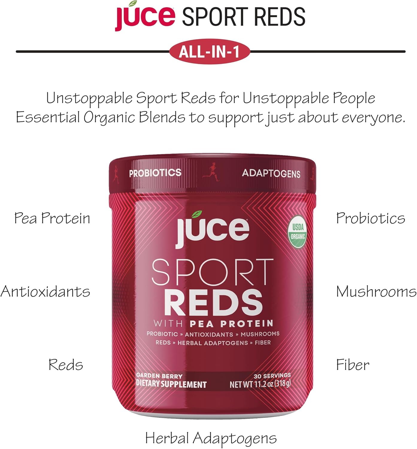 Terra Kai Organics Juce SR7 Sport Reds Organic Fruit & Veggies w/Pea Protein | 43 Superfoods, Antioxidants, Mushrooms, Beets, Herbal Adaptogens, Probiotic, Fiber, Garden Berry Flavor (30 Servings) - Image 4