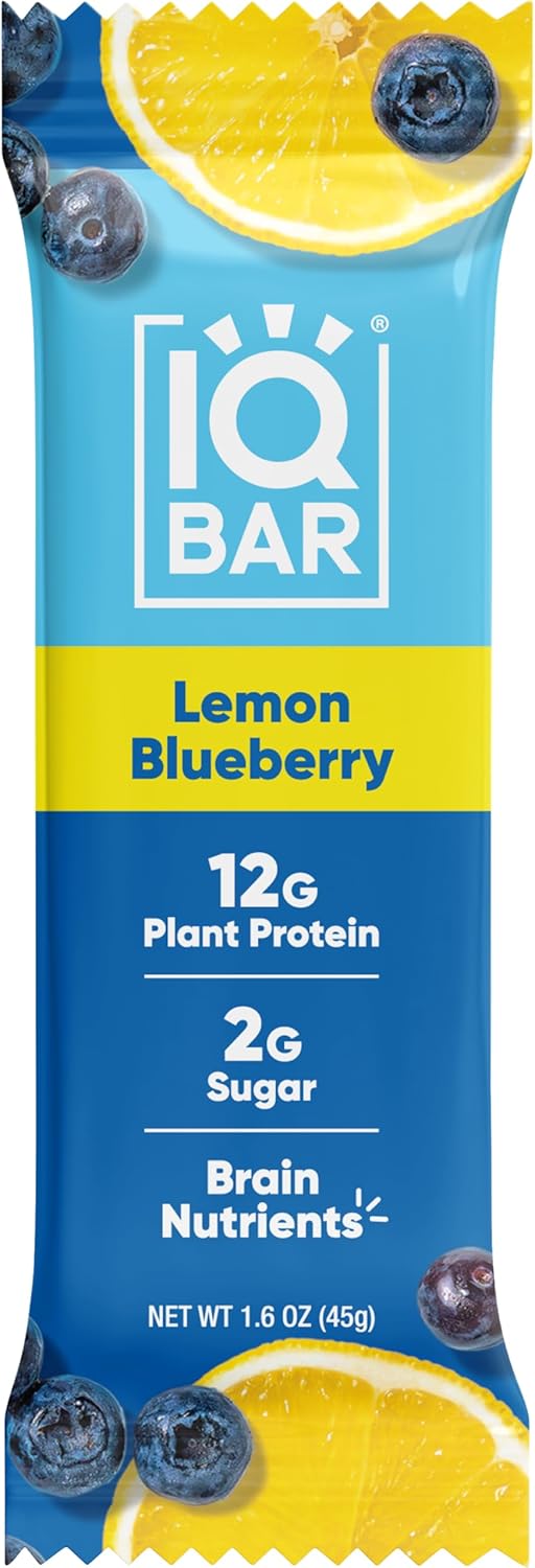 IQBAR Brain and Body Keto Protein Bars - Lemon Blueberry Keto Bars - 4 Count Energy Bars - Low Carb Protein Bars - High Fiber Vegan Bars and Low Sugar Meal Replacement Bars - Vegan Snack