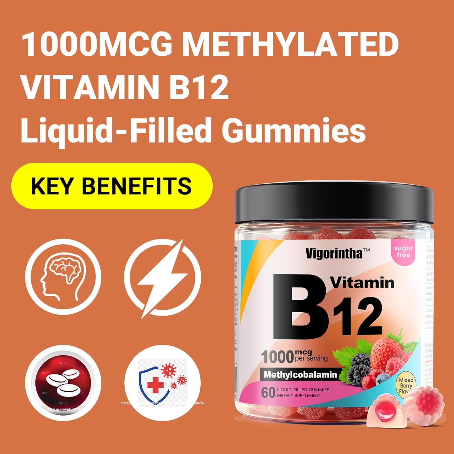 Methyl Vitamin B12 Gummies 1000mcg, Vitamin B12 Methylcobalamin Supplement for Energy & Metabolism, Sugar Free, Vegan, 60 Gummies. - Image 3