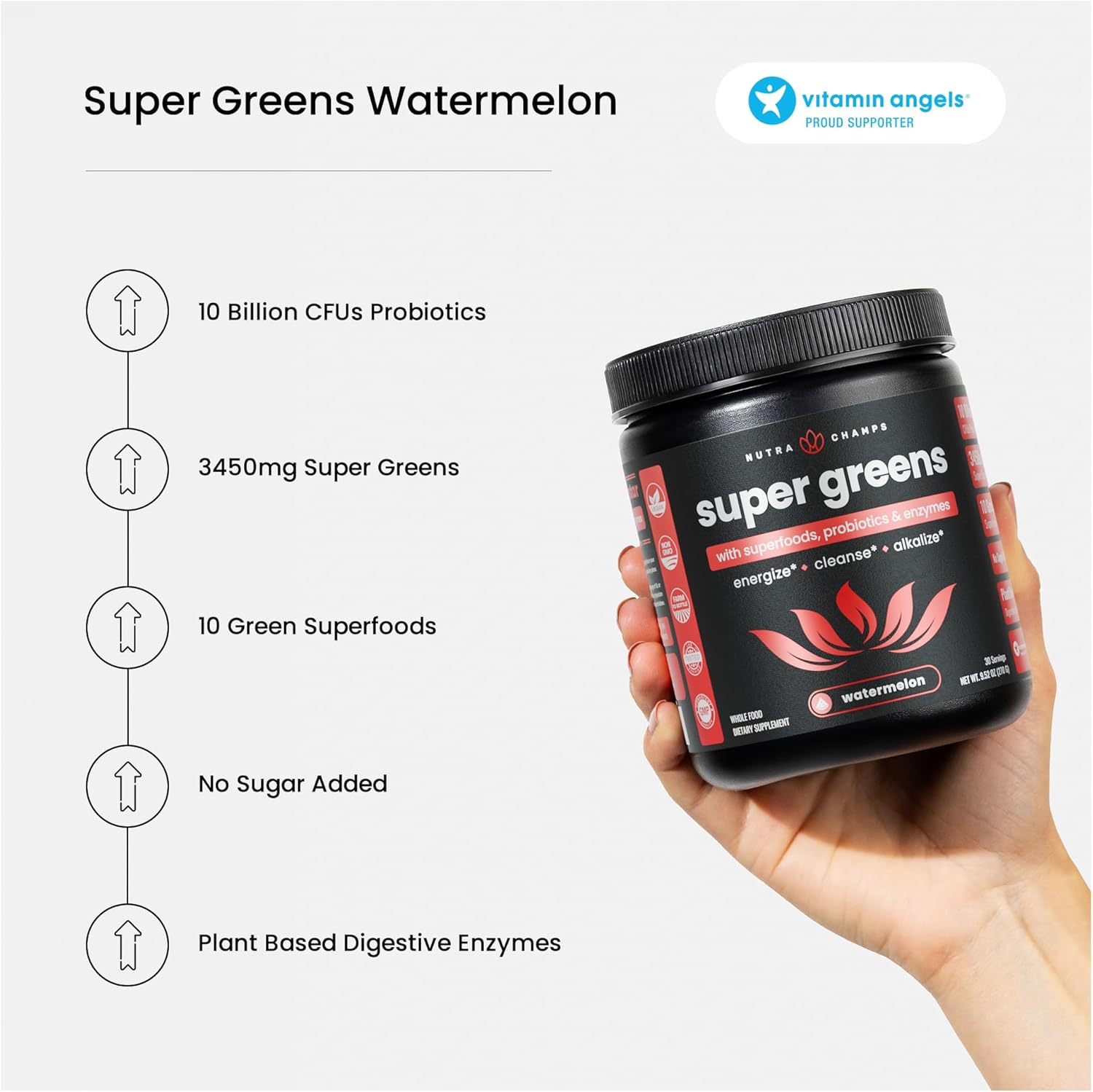 NutraChamps Super Greens Powder Premium Superfood | 20+ Organic Green Veggie Whole Foods | Alfalfa, Spirulina, Chlorella & More | Antioxidant, Digestive Enzyme & Probiotic Blends | Watermelon - Image 4