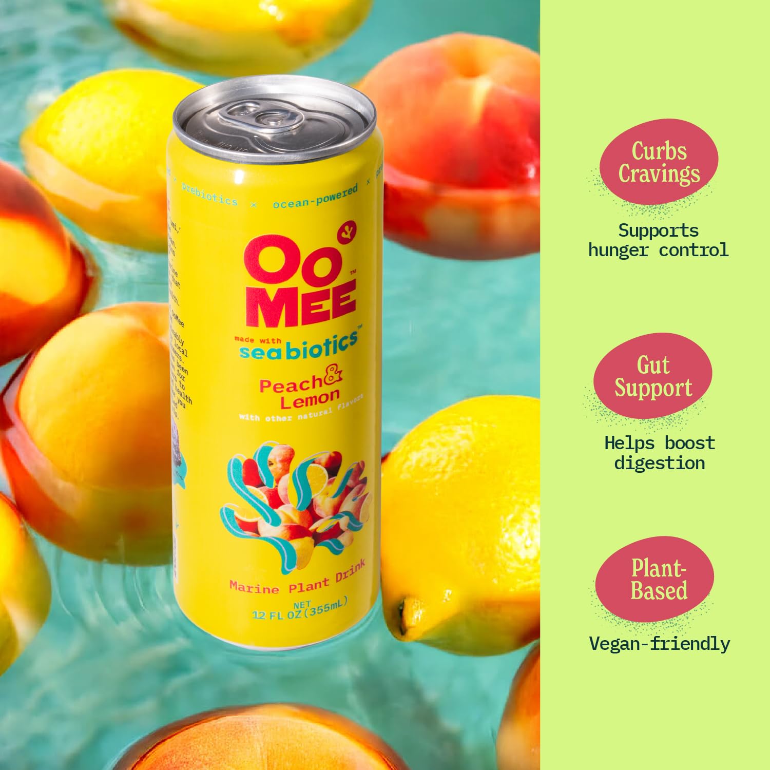 OoMee Prebiotic Drink | Peach & Lemon | Plant-Based Vegan Beverage with Marine-Sourced Agar Prebiotics (Seabiotics) for Digestive & Gut Health Functional Drink – 12oz Cans, 12-Pack - Image 5