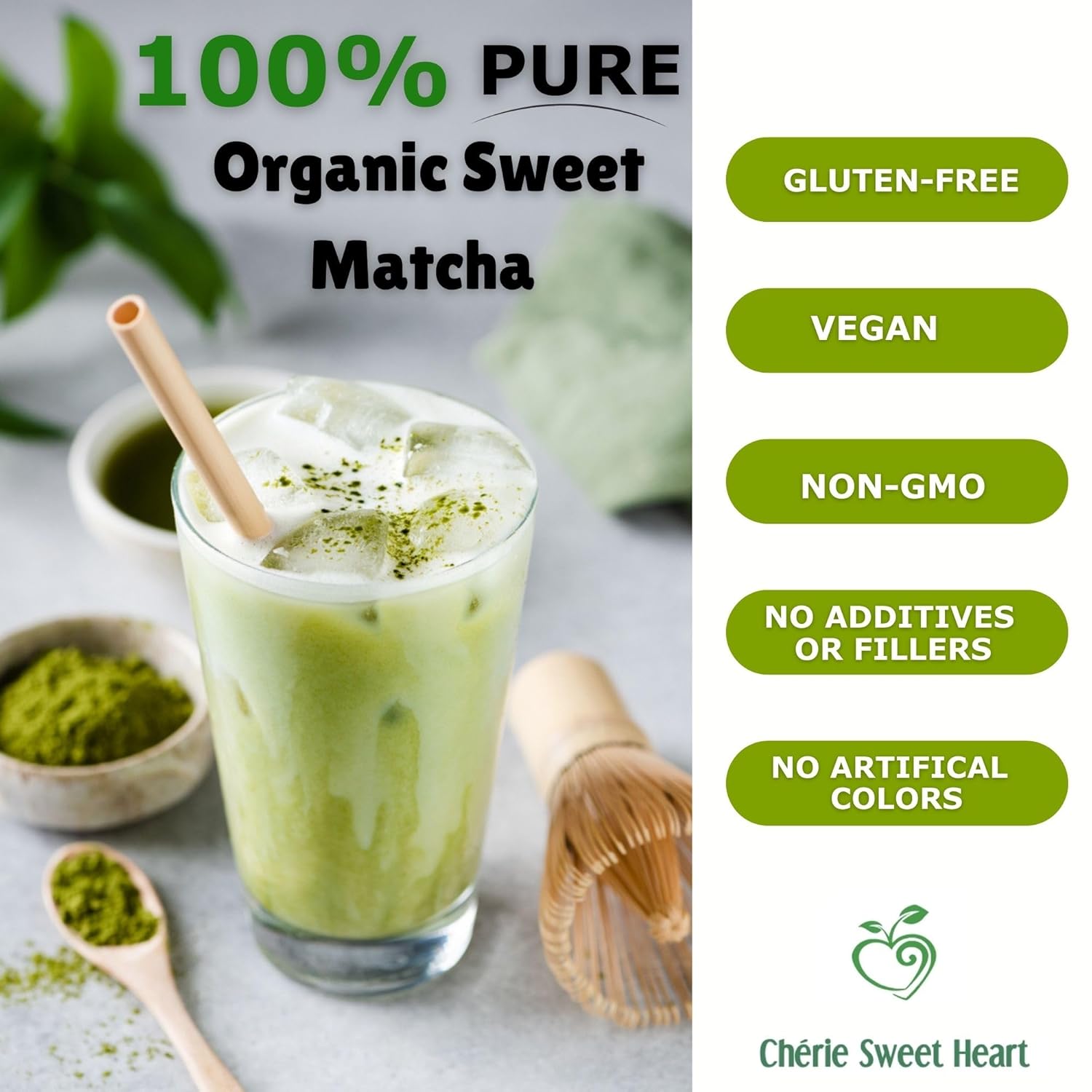 Organic Sweet Matcha Green Tea Powder - Cafe Style Blend by Cherie Sweet Heart - 16oz, Vegan & Gluten-Free, Rich in Antioxidants, Perfect for Lattes, Smoothies & Baking - Image 3