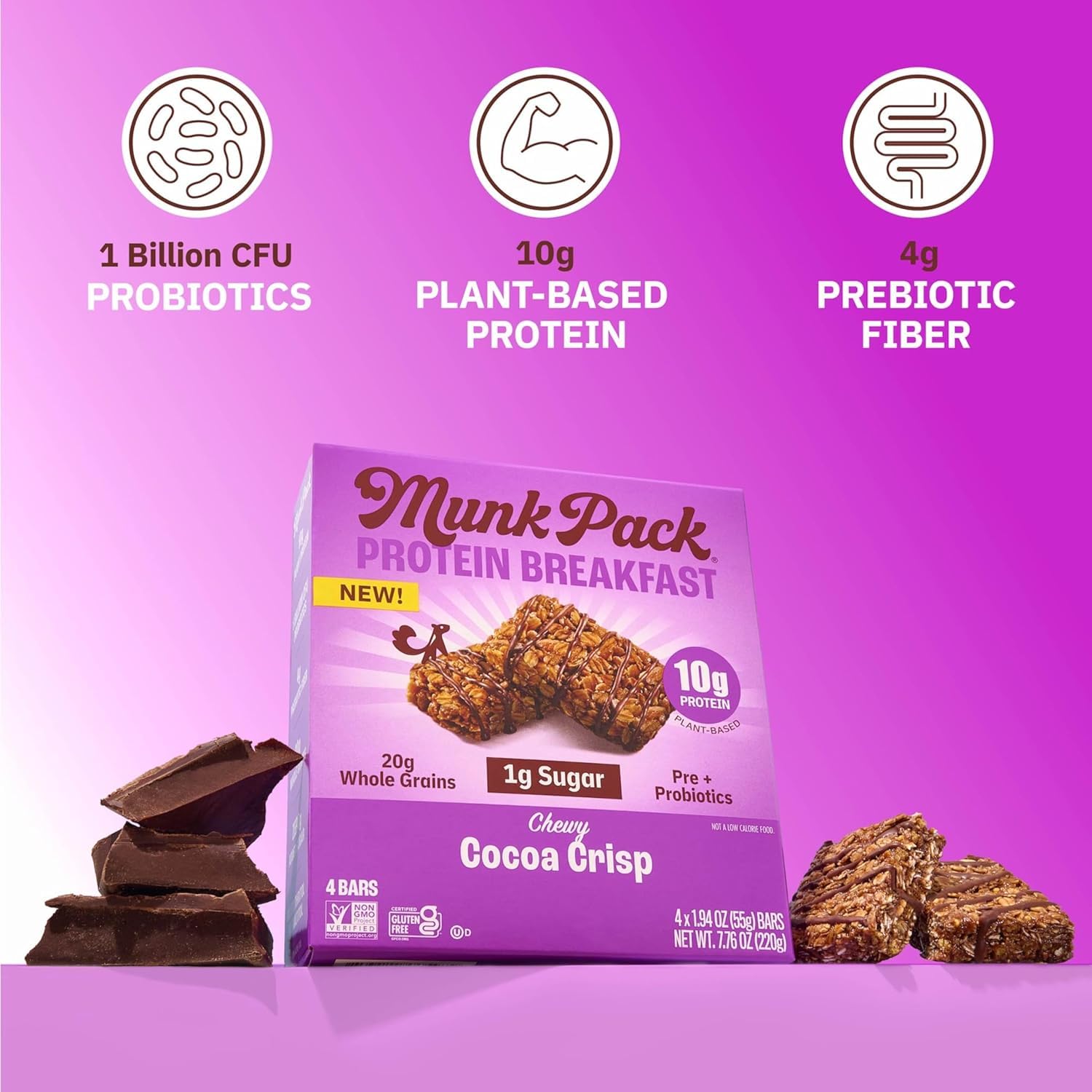 Munk Pack Sampler Pack Probiotic Protein Snack Bars | 10g Plant Protein, 1g Sugar, 6g Fiber |Diabetic-Friendly Ideal Breakfast Bars - On-the-Go Snacks, Gluten-Free, Non-GMO | 5 Count - Image 4