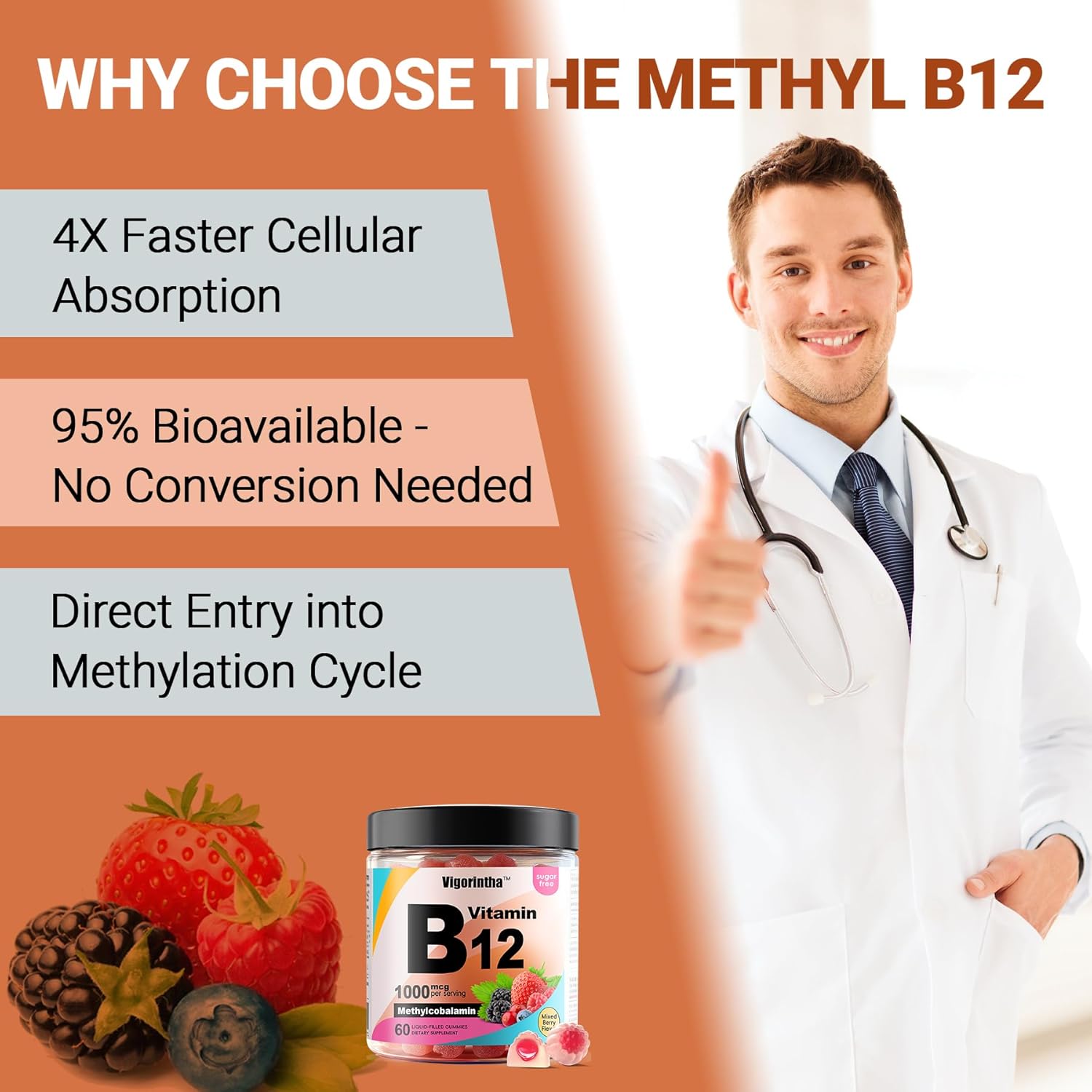Methyl Vitamin B12 Gummies 1000mcg, Vitamin B12 Methylcobalamin Supplement for Energy & Metabolism, Sugar Free, Vegan, 60 Gummies. - Image 5