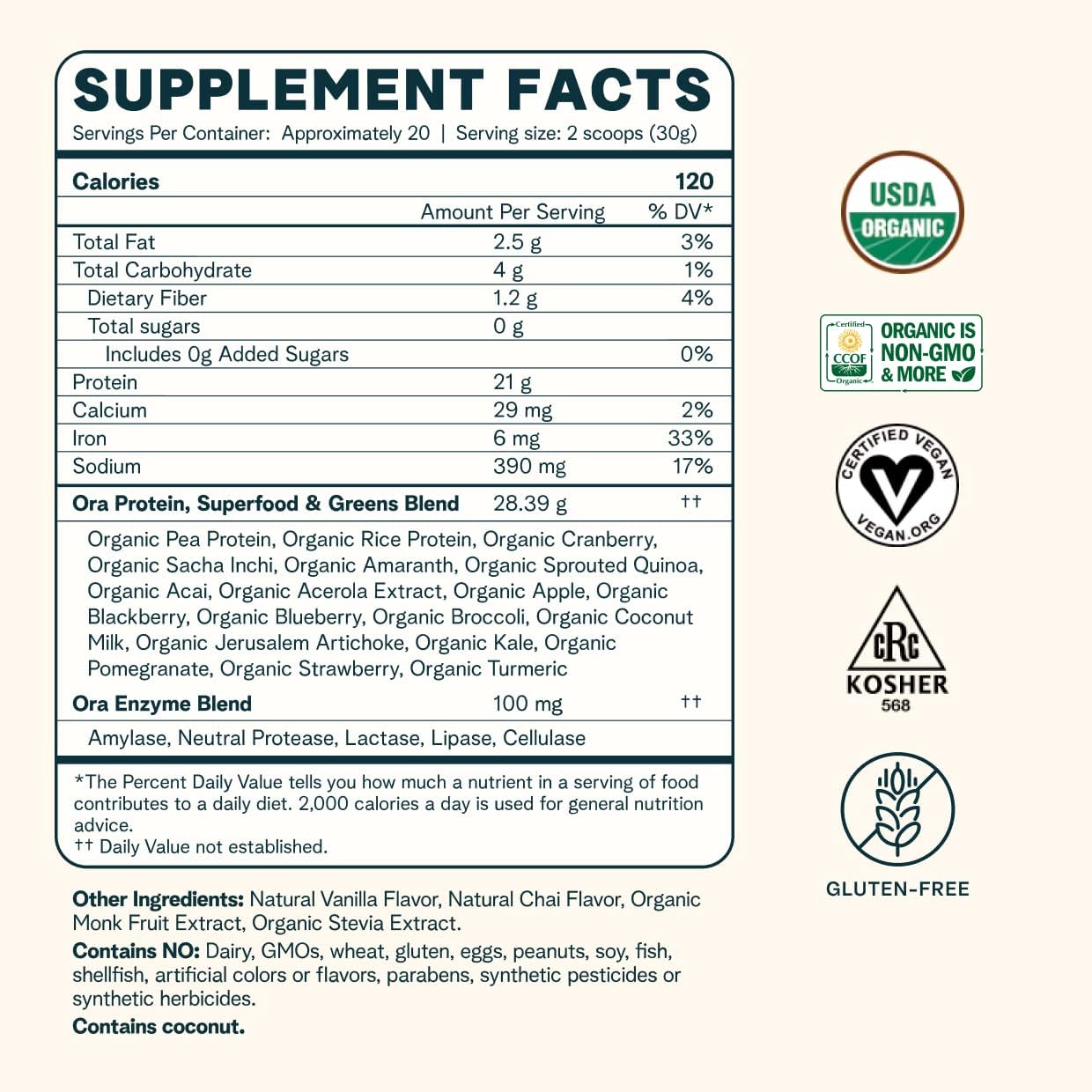 Ora Organic Vegan Protein Powder - 23g Plant-Based Protein Powder for Women and Men | Clean Protein Source, Keto Friendly, Gluten Free, Paleo, Dairy-Free, Soy-Free - Vanilla Chai - 20 Servings - Image 5