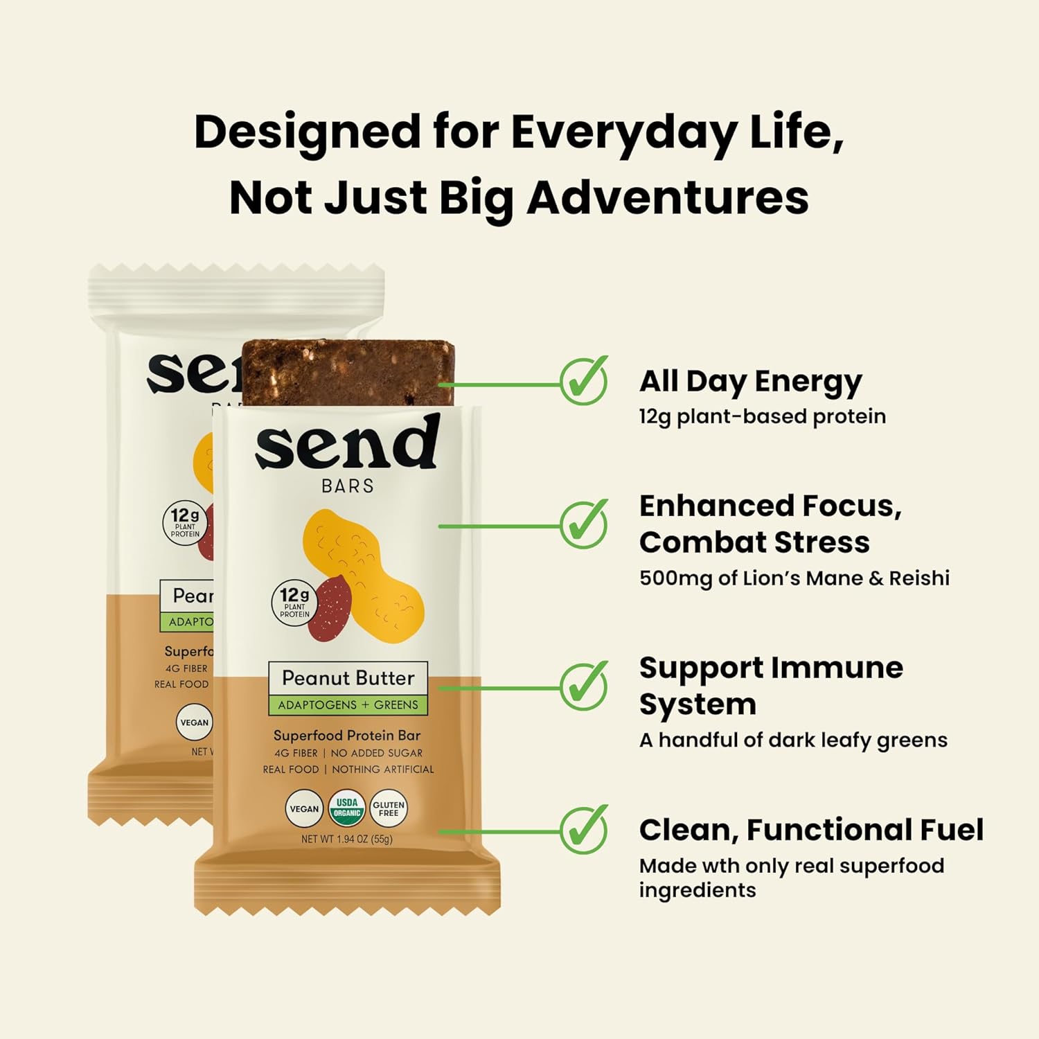 SEND Bars Organic Plant Based, Vegan, Healthy Protein Bars with Greens (Organic Peanut Butter, 8 Bars) – Only Real Food Ingredients, No Added Sugar, Gluten Free, Dairy Free, Non-GMO, Healthy Snacks - Image 4
