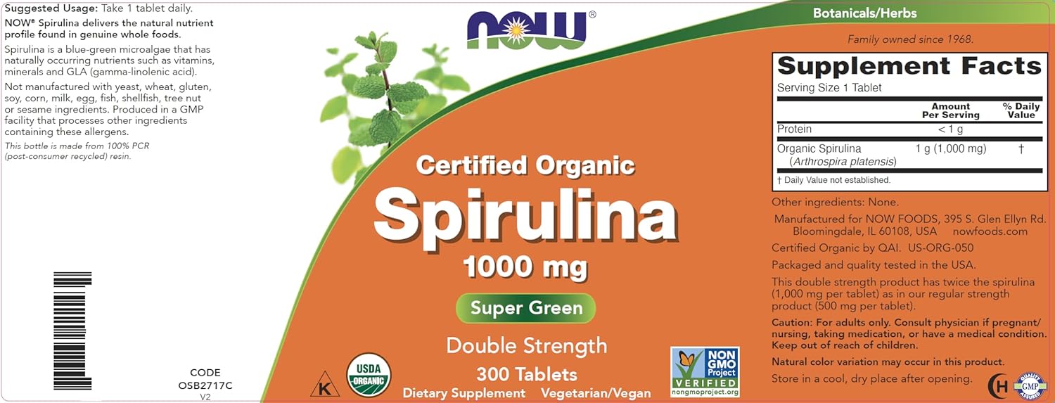 NOW Foods Organic Spirulina 1000mg Tablets - 300 Count - Non-GMO, Super Green Whole Food Supplement - Double Strength - Image 4