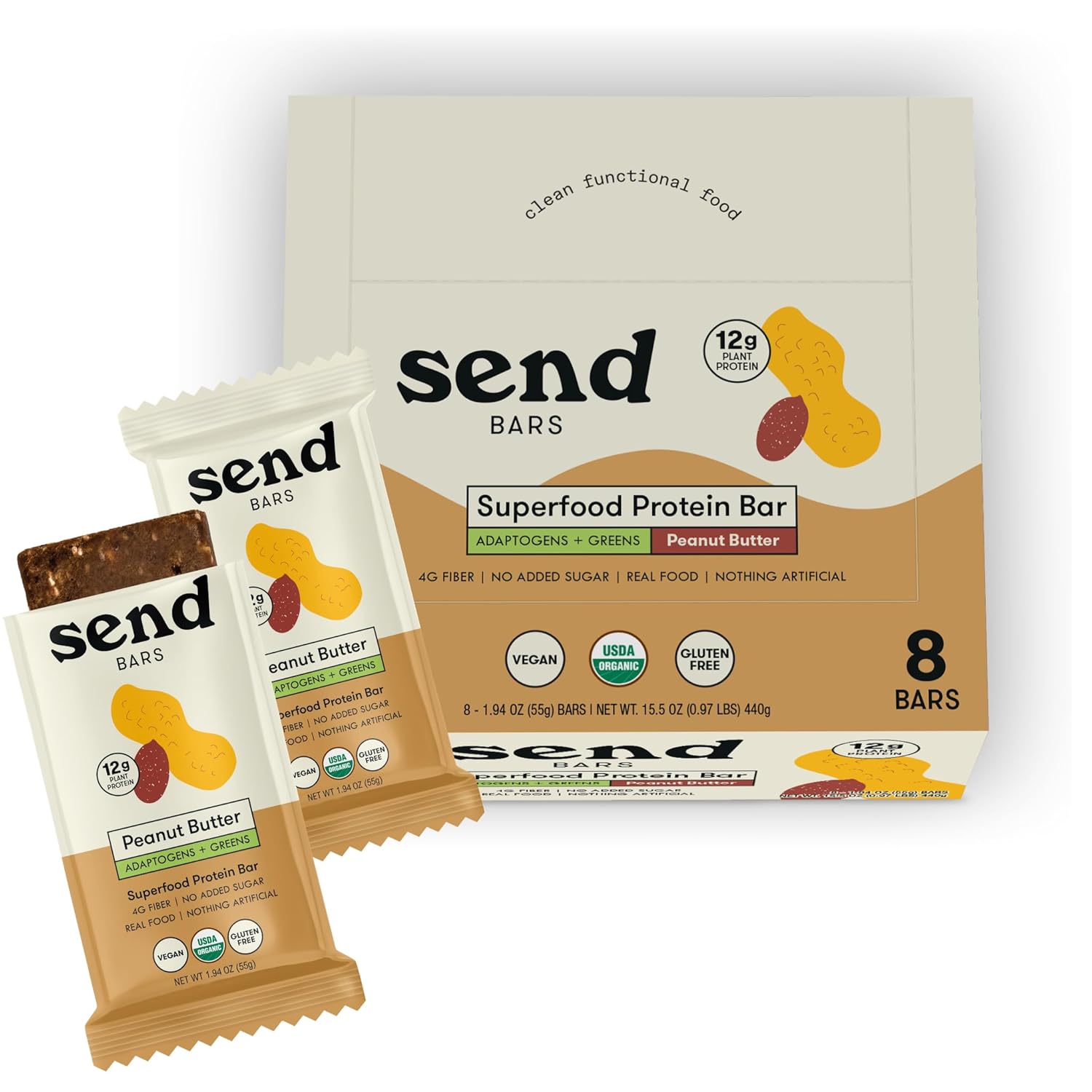 SEND Bars Organic Plant Based, Vegan, Healthy Protein Bars with Greens (Organic Peanut Butter, 8 Bars) – Only Real Food Ingredients, No Added Sugar, Gluten Free, Dairy Free, Non-GMO, Healthy Snacks
