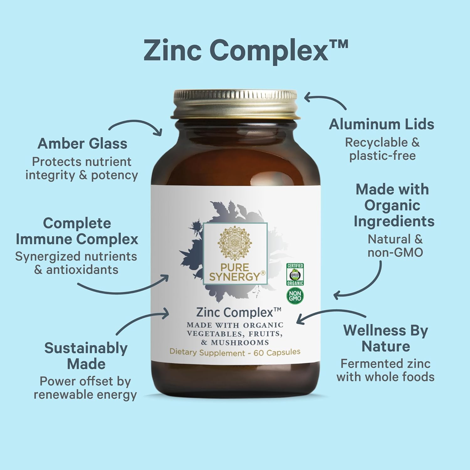 PURE SYNERGY Zinc Complex | Immune Support Supplement | Natural, Vegan Zinc Complex with Vitamin C and Organic Whole Foods | for Immune, Brain, and Skin Health (60 Capsules) - Image 3